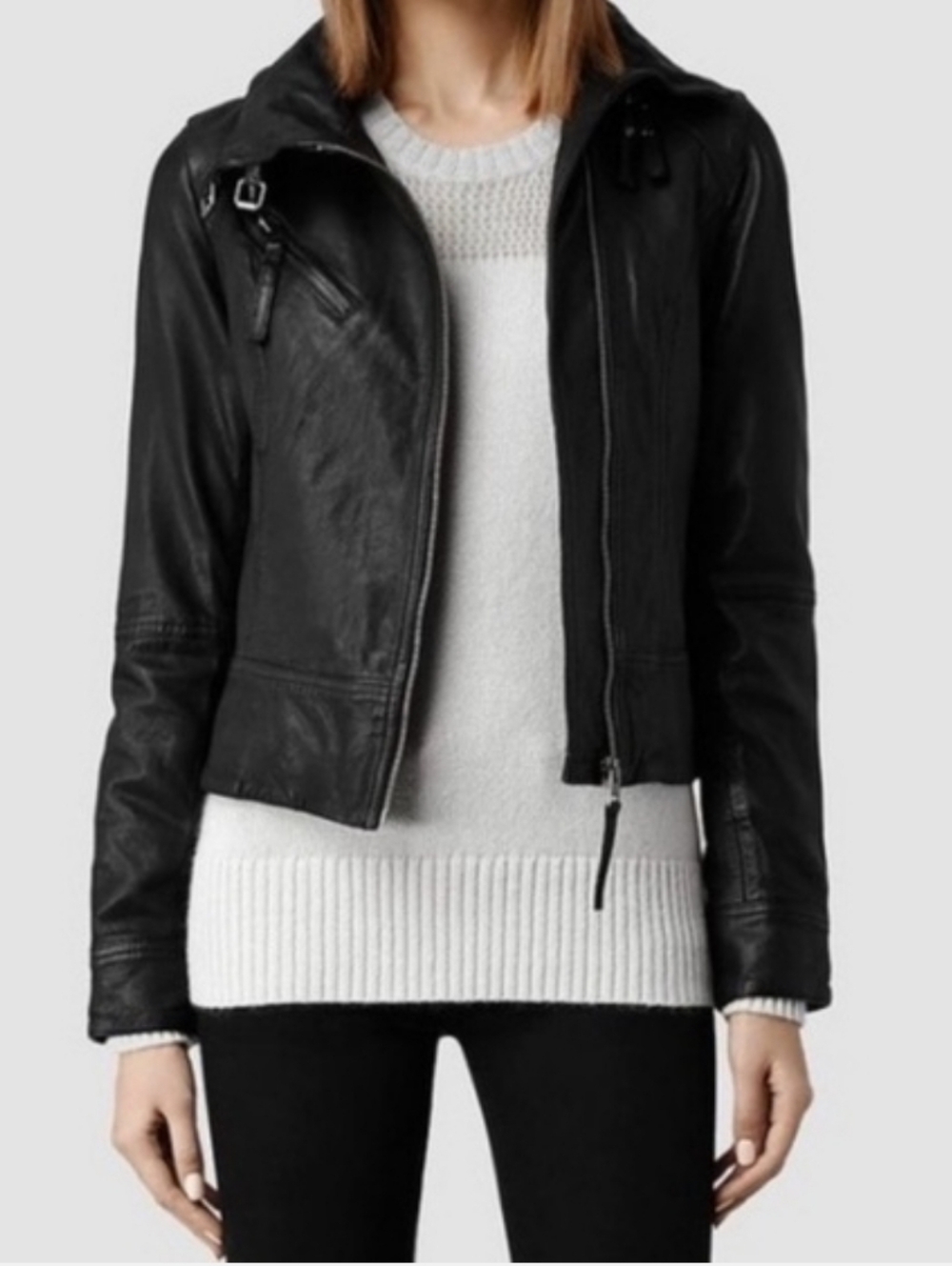 All Saints Leather Jacket Belvedere Size US 4 UK 8 Fitted Zip Up Genuine Leather